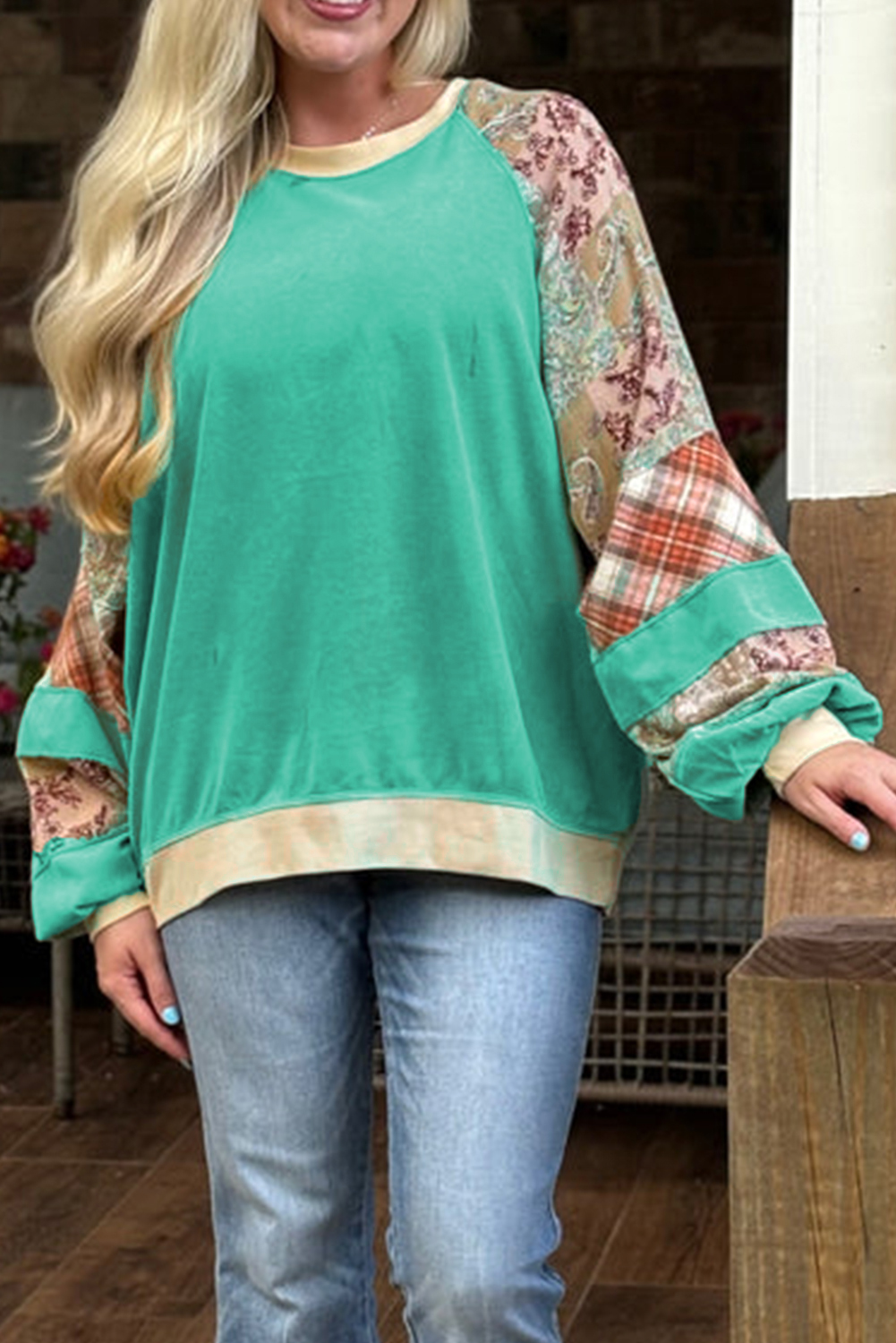 Plus Size Comfortable Sweatshirt with Patchwork Design - Sky Blue - Detail View 2 Plus Size Comfortable Sweatshirt with Patchwork Design - Sky Blue - Detail View 2