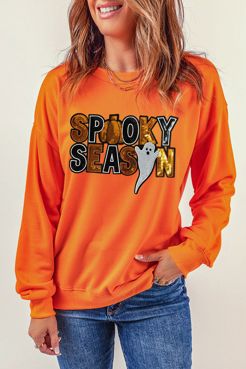 Women's Russet Orange Sequin Ghost Pattern Halloween Pullover Sweatshirt - Detail View 9 Women's Russet Orange Sequin Ghost Pattern Halloween Pullover Sweatshirt - Detail View 9