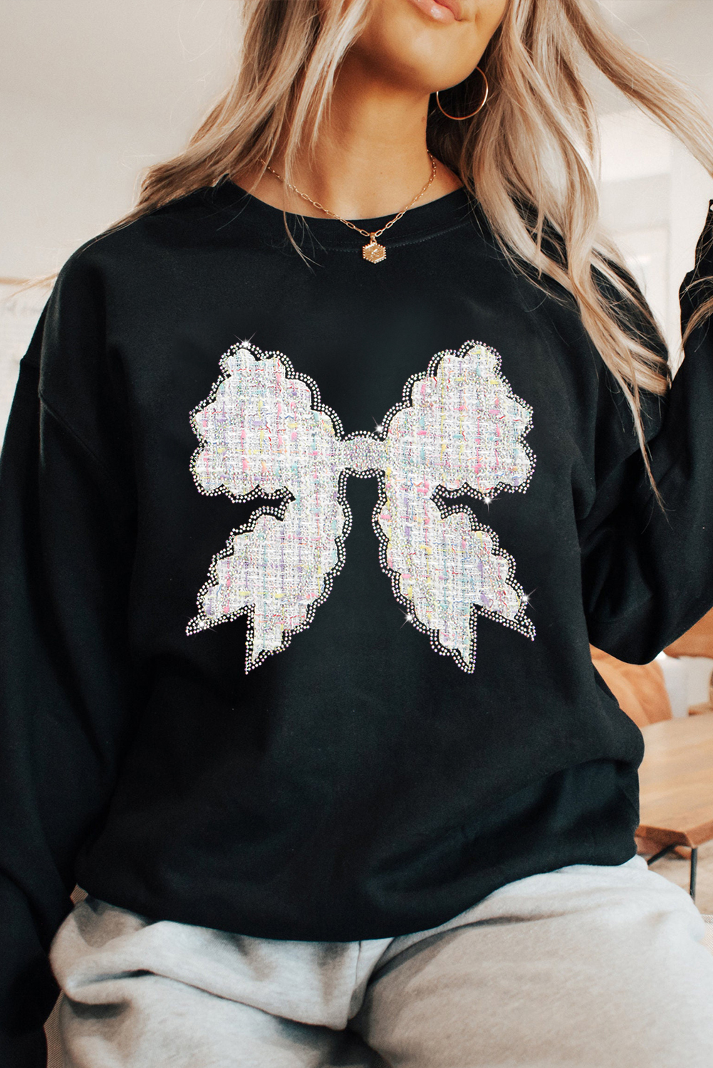 Chic and Cozy Black Sweatshirt with Rhinestone Decor for Casual Occasions - Detail View 2 Chic and Cozy Black Sweatshirt with Rhinestone Decor for Casual Occasions - Detail View 2