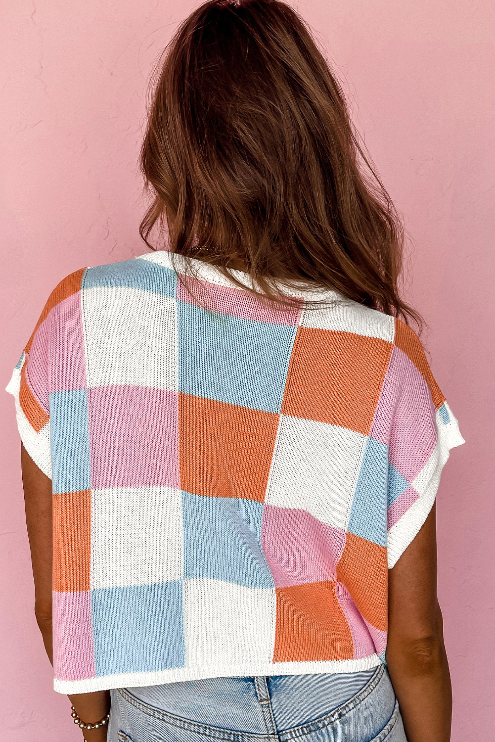 Women's Plaid Knit Sweater, Casual Multicolor Cap Sleeve Top - Detail View 4 Women's Plaid Knit Sweater, Casual Multicolor Cap Sleeve Top - Detail View 4