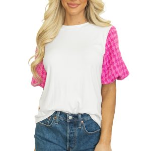 Women's Pink Puff Sleeve Top, Casual Round Neck Patchwork Tee - Main View