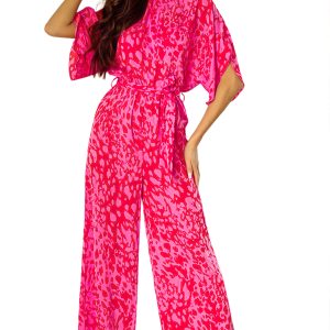 Women's Rose Leopard Jumpsuit, Wide Leg Summer Romper - Main View