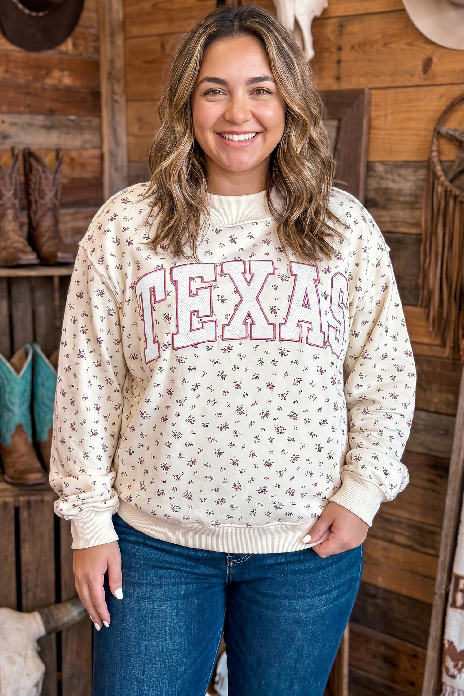 Women's Cozy Texas Sweatshirt, Mock Neck Floral Pullover - Detail View 3 Women's Cozy Texas Sweatshirt, Mock Neck Floral Pullover - Detail View 3