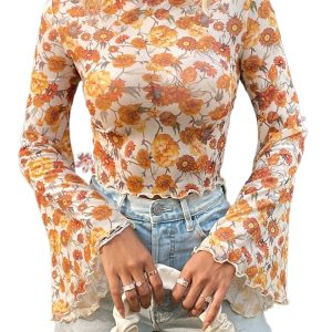 Chic Women's Orange Floral Printed Bell Sleeve Blouse with Mock Neck and Scallop Trim - Main View