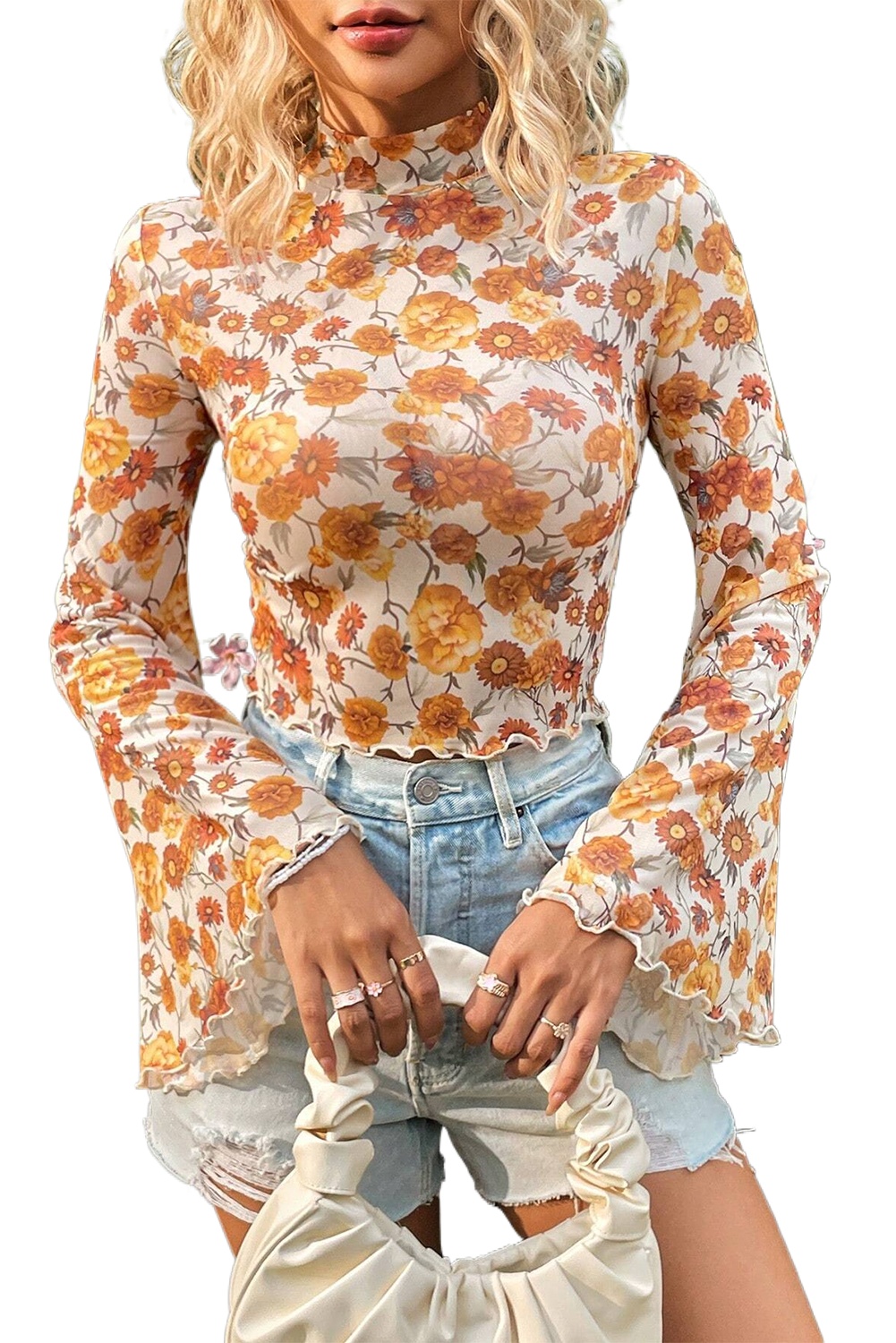 Chic Women's Orange Floral Printed Bell Sleeve Blouse with Mock Neck and Scallop Trim - Main View Chic Women's Orange Floral Printed Bell Sleeve Blouse with Mock Neck and Scallop Trim - Main View