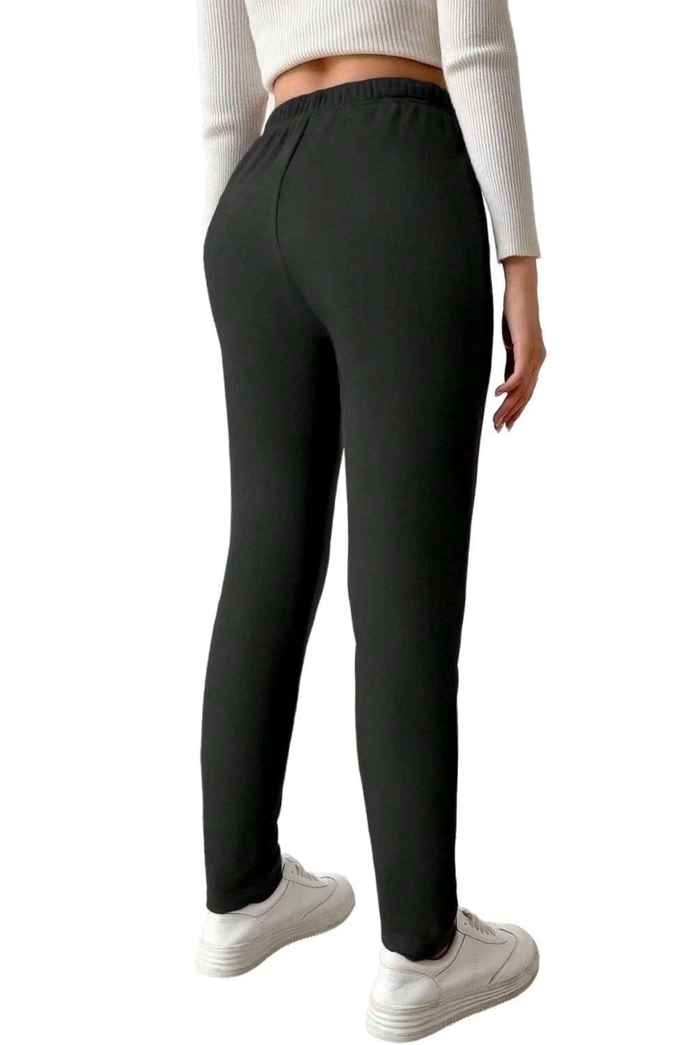 Women's Black Thermal Lined Drawstring High Waist Leggings - Main View Women's Black Thermal Lined Drawstring High Waist Leggings - Main View