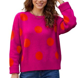 Women's Strawberry Pink Polka Dot Sweater, Casual Long Sleeve - Main View