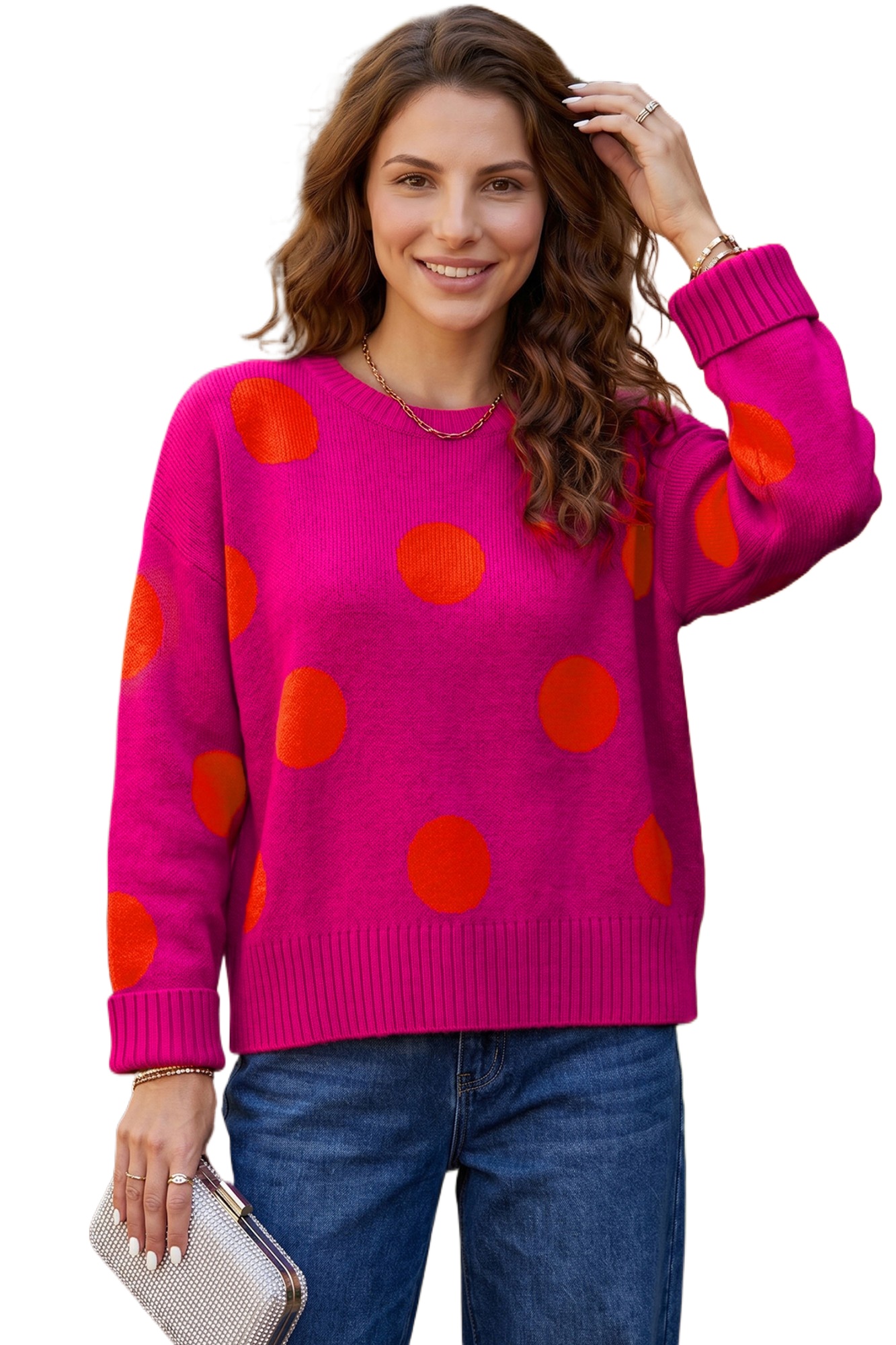 Women's Strawberry Pink Polka Dot Sweater, Casual Long Sleeve - Main View Women's Strawberry Pink Polka Dot Sweater, Casual Long Sleeve - Main View