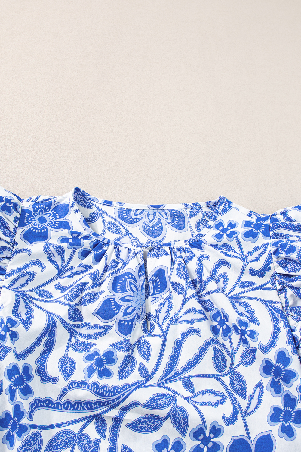 Chic Floral Blouse: Dark Blue Ruffled Bubble Sleeve Top for Women - Detail View 12 Chic Floral Blouse: Dark Blue Ruffled Bubble Sleeve Top for Women - Detail View 12