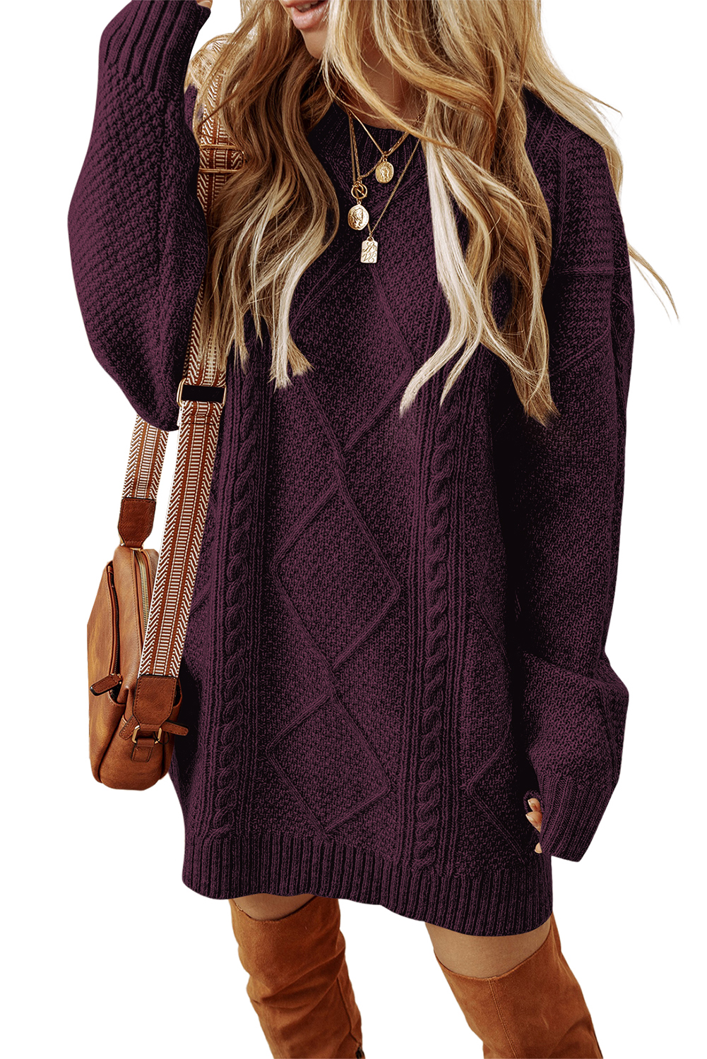 Women's Long Sleeve Dress, Cozy Round Neck Knit - Detail View 6 Women's Long Sleeve Dress, Cozy Round Neck Knit - Detail View 6
