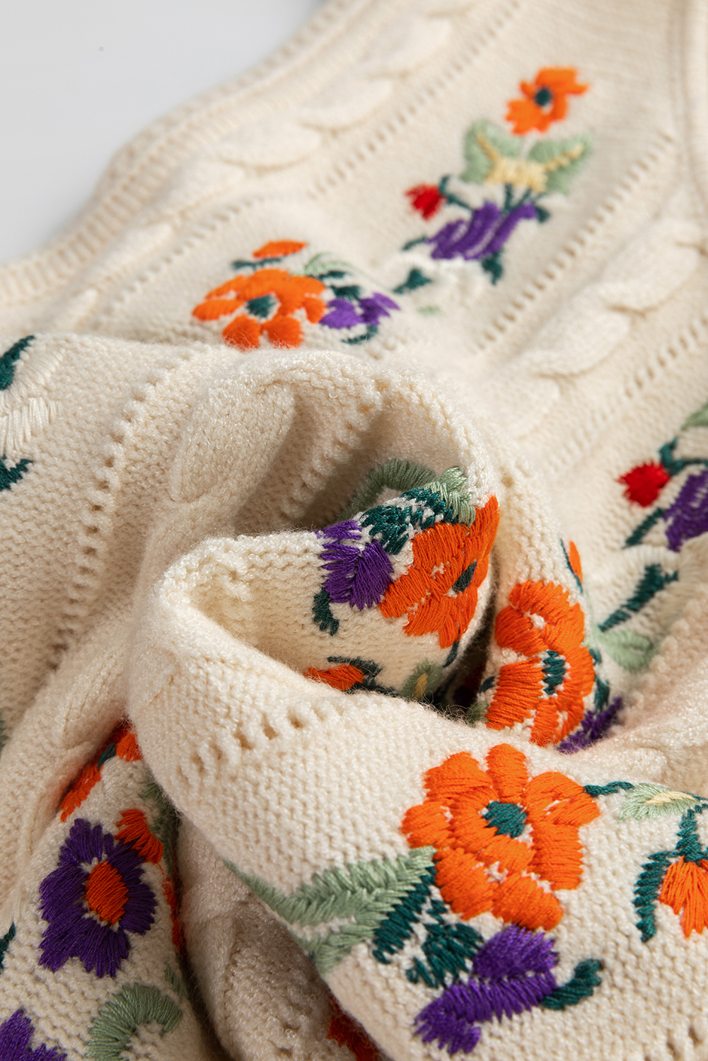 Women's Jet Stream Embroidered Floral Cable Knit Sweater Vest for Elegant Layering - Detail View 17 Women's Jet Stream Embroidered Floral Cable Knit Sweater Vest for Elegant Layering - Detail View 17