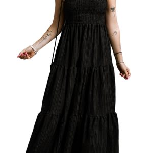 Women's Black Maxi Dress, Sleeveless Smocked Tiered Casual - Main View