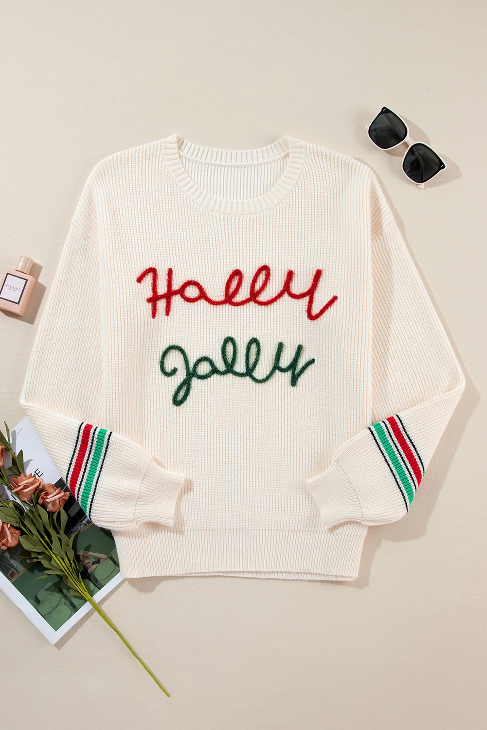 Women's Sweater, Beige Sweater, Christmas Sweater, Holly Jolly Graphic, Casual Style, Long Sleeve, Rib Knit, Striped Detail, Festive Wear, Holiday Vibe, Cozy Knitwear, Daily Wear, Embroidered Decoration, Winter Fashion, Shift Silhouette - Detail View 12 Women's Sweater, Beige Sweater, Christmas Sweater, Holly Jolly Graphic, Casual Style, Long Sleeve, Rib Knit, Striped Detail, Festive Wear, Holiday Vibe, Cozy Knitwear, Daily Wear, Embroidered Decoration, Winter Fashion, Shift Silhouette - Detail View 12