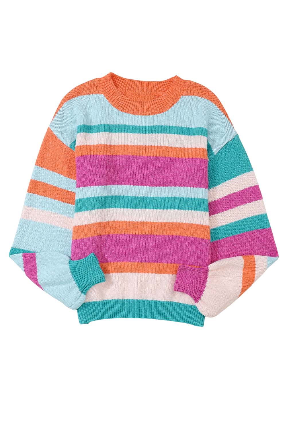 Multicolor Puff Sleeve Sweater, Casual Round Neck Knit Top - Detail View 8 Multicolor Puff Sleeve Sweater, Casual Round Neck Knit Top - Detail View 8