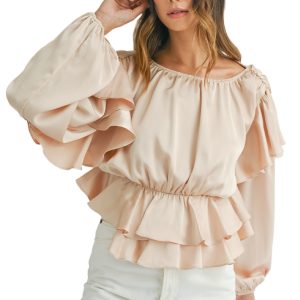 Women's Oatmeal Lace-up Keyhole Back Ruffled Peplum Blouse – Elegant Long Sleeve Top - Main View