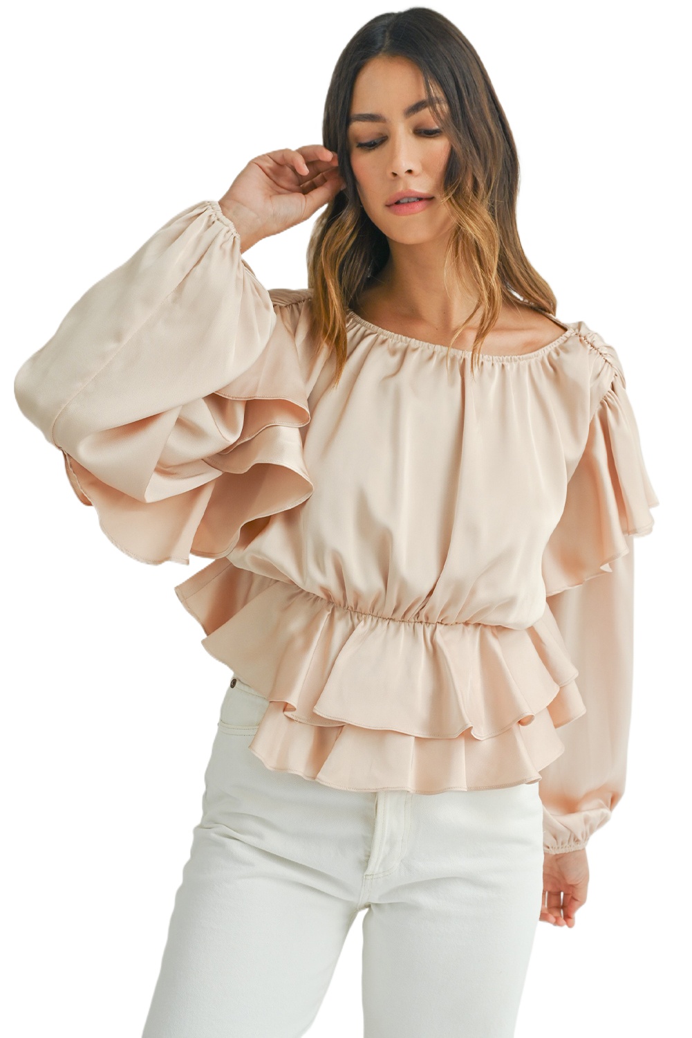 Women's Oatmeal Lace-up Keyhole Back Ruffled Peplum Blouse – Elegant Long Sleeve Top - Main View Women's Oatmeal Lace-up Keyhole Back Ruffled Peplum Blouse – Elegant Long Sleeve Top - Main View