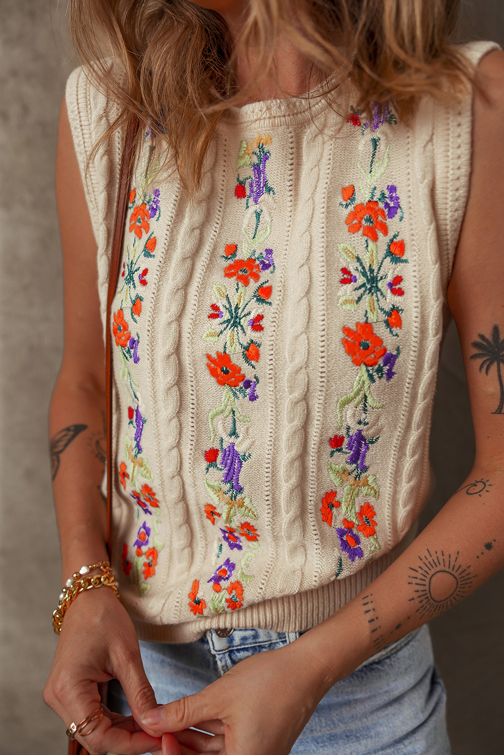Stylish Cable Knit Sweater Vest - Perfect for Fall with Floral Design - Detail View 7 Stylish Cable Knit Sweater Vest - Perfect for Fall with Floral Design - Detail View 7