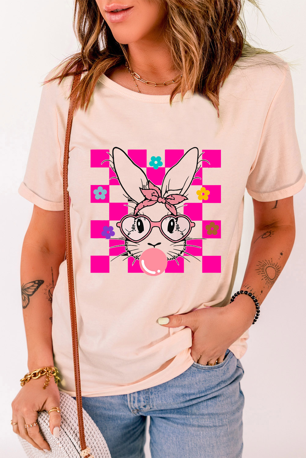 Women's Graphic Bunny T Shirt, Casual Pink Short Sleeve Top - Detail View 7 Women's Graphic Bunny T Shirt, Casual Pink Short Sleeve Top - Detail View 7