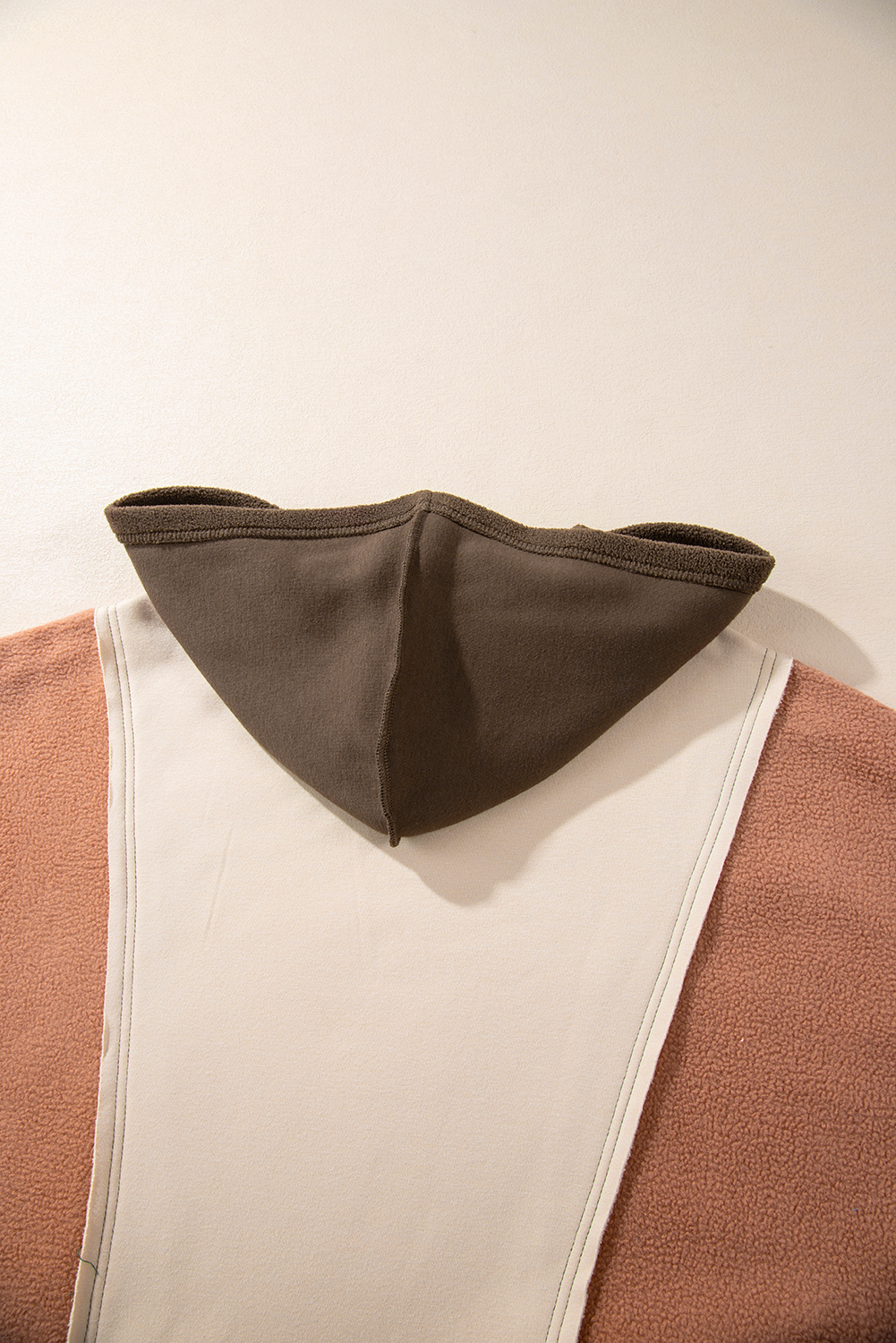 Plus Size Brown Colorblock Hoodie with Exposed Seams - Detail View 11 Plus Size Brown Colorblock Hoodie with Exposed Seams - Detail View 11