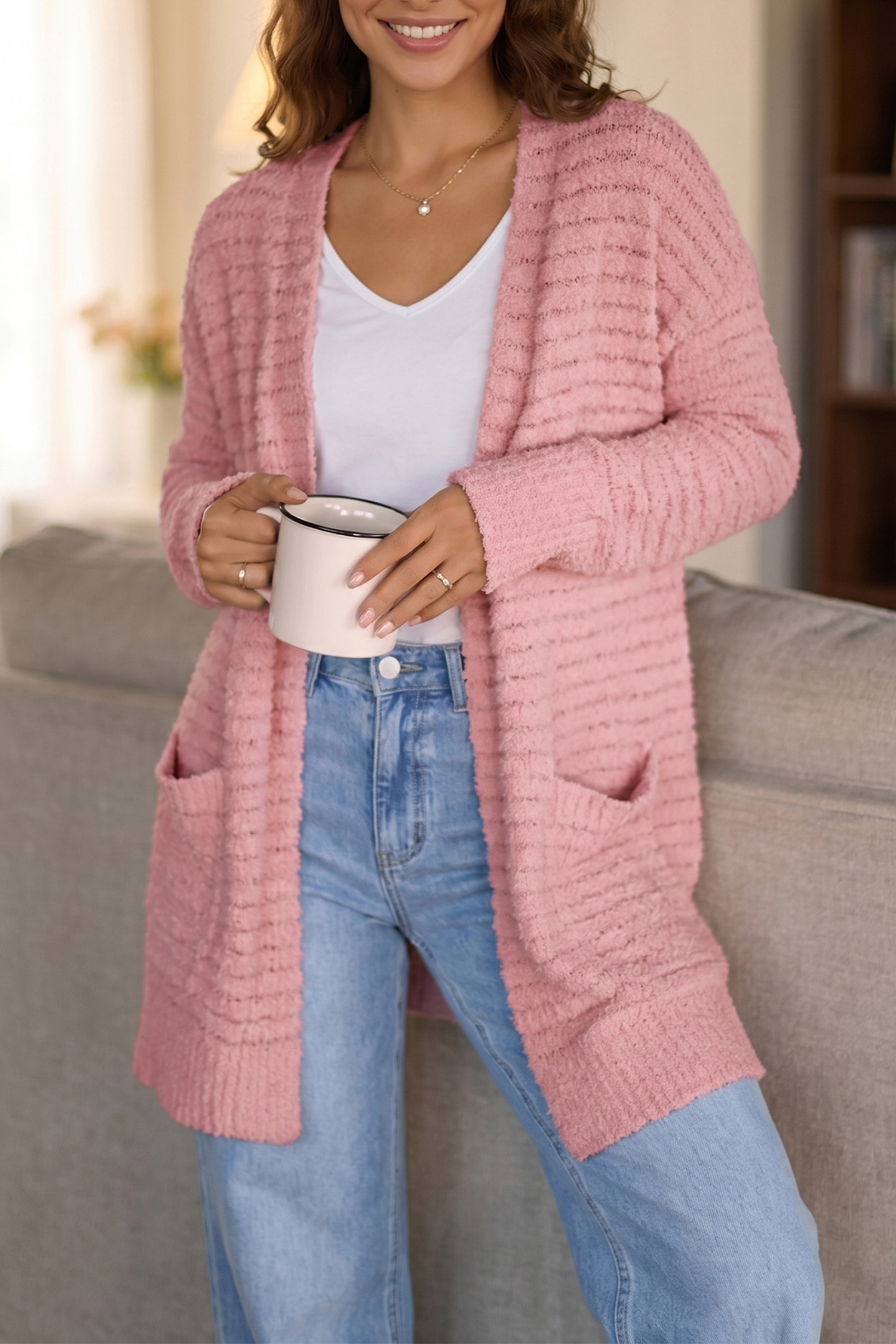 Casual Ribbed Knit Cardigan, Long Sleeve Open Front Sweater - Detail View 5 Casual Ribbed Knit Cardigan, Long Sleeve Open Front Sweater - Detail View 5