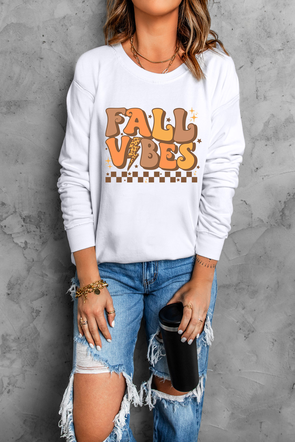 Women's Beige Fall Vibes Graphic Drop Shoulder Sweatshirt - Detail View 6 Women's Beige Fall Vibes Graphic Drop Shoulder Sweatshirt - Detail View 6