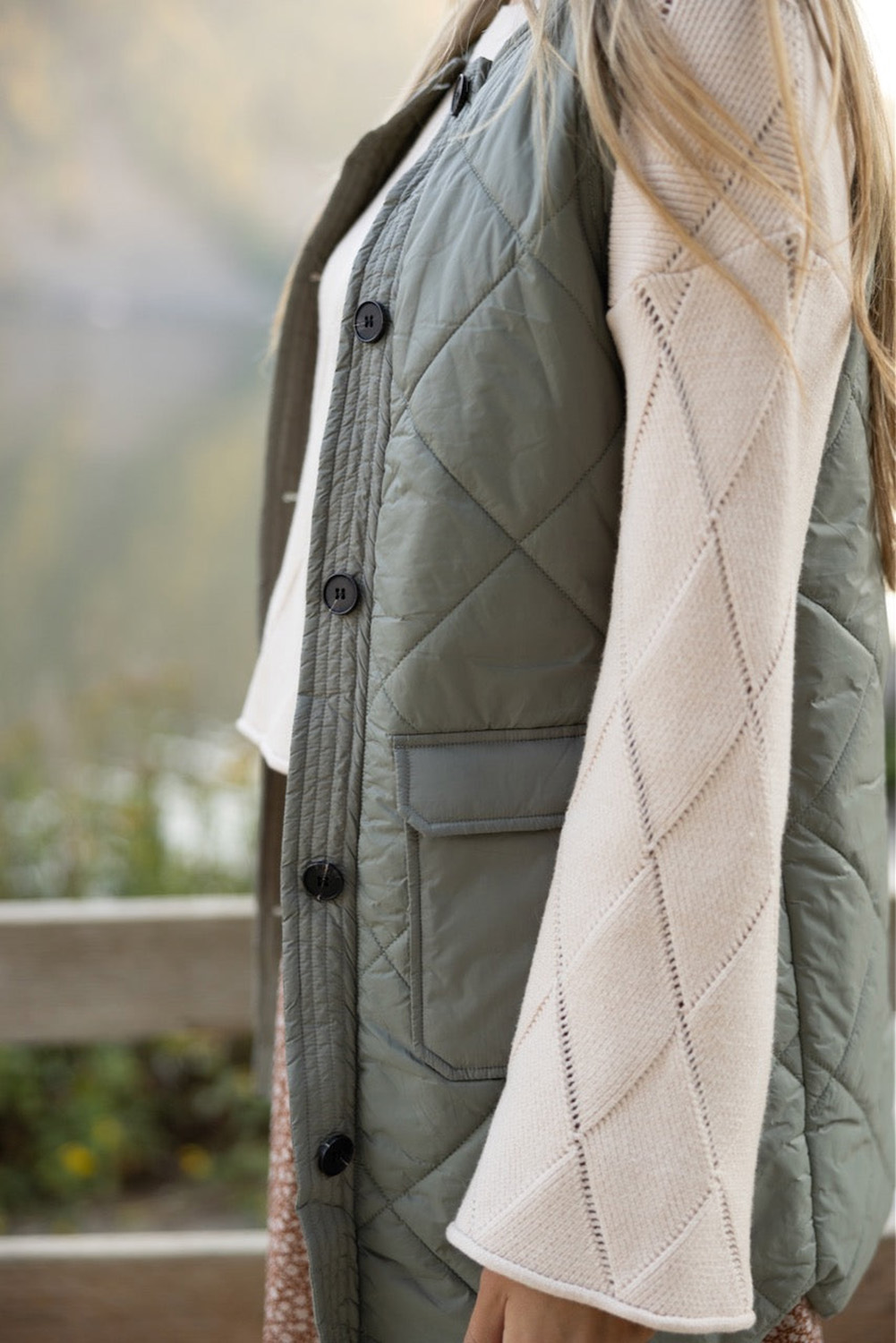 Grass Green Long Quilted Vest, Daily Women's Layering Piece - Detail View 9 Grass Green Long Quilted Vest, Daily Women's Layering Piece - Detail View 9