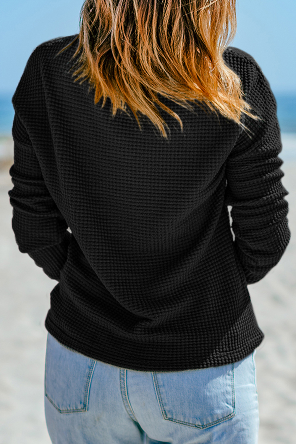 Chic and Comfy: Black Waffle Knit Long Sleeve Top for Women - Detail View 2 Chic and Comfy: Black Waffle Knit Long Sleeve Top for Women - Detail View 2