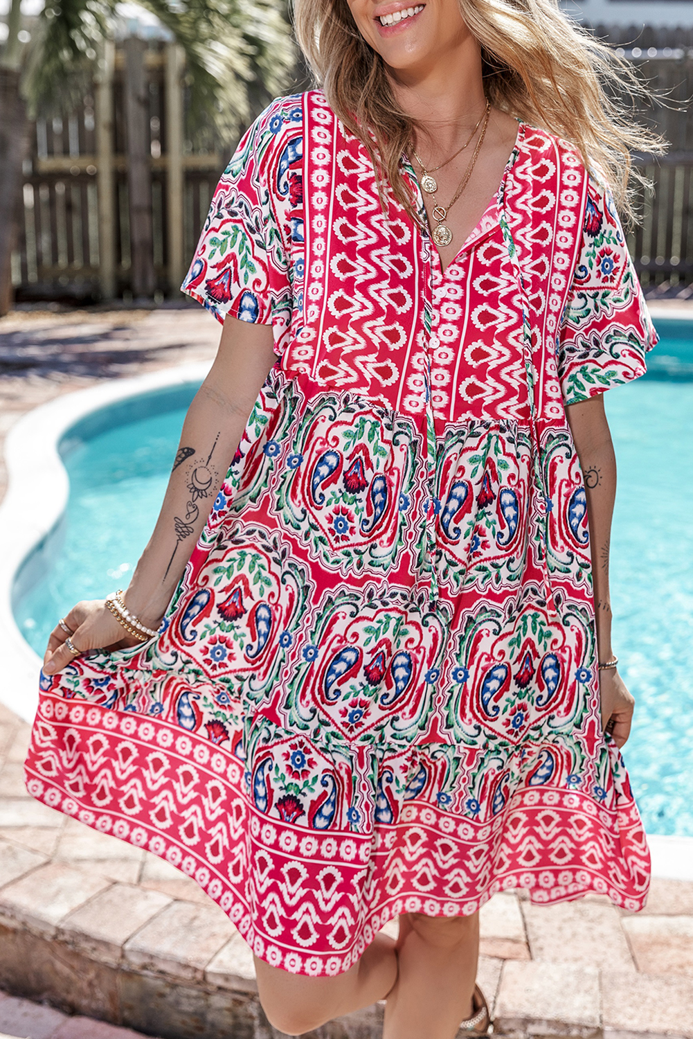 Summer Short Sleeve Mini Dress, Bohemian Abstract Print Boho - Detail View 6 Summer Short Sleeve Mini Dress, Bohemian Abstract Print Boho - Detail View 6