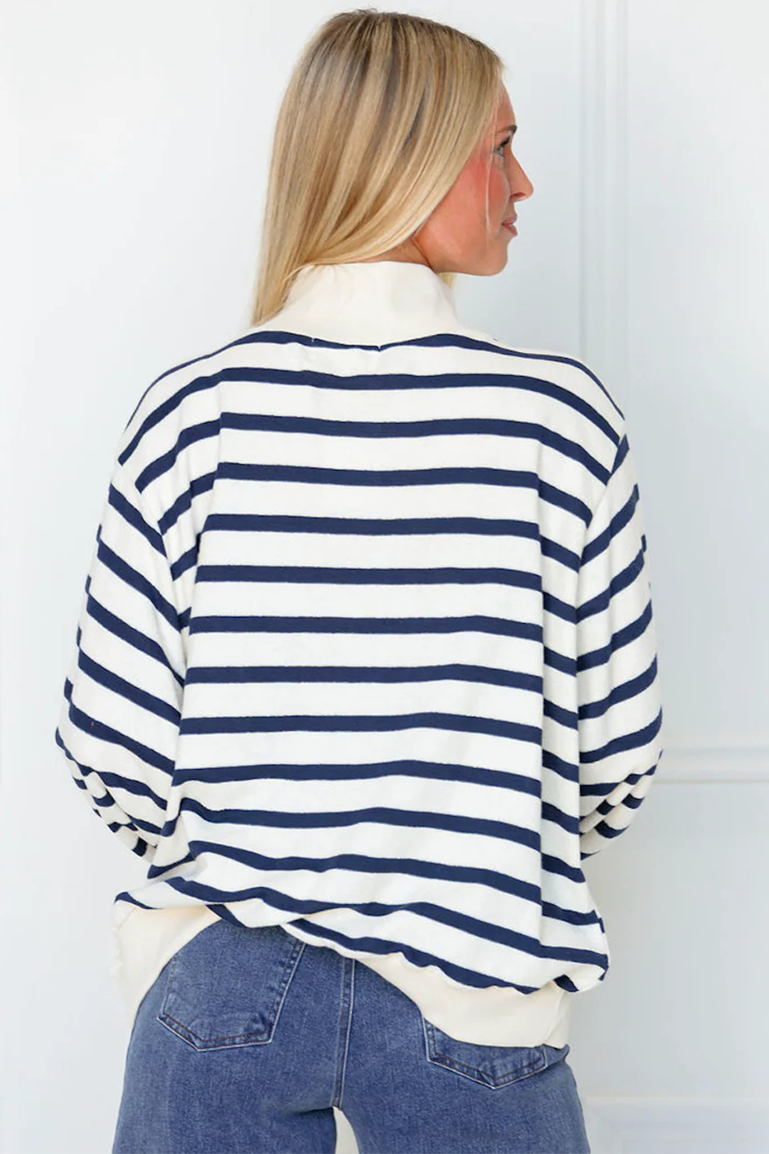 Mock Neck Striped Pullover, Cozy Long Sleeve Women's Shirt - Detail View 2 Mock Neck Striped Pullover, Cozy Long Sleeve Women's Shirt - Detail View 2