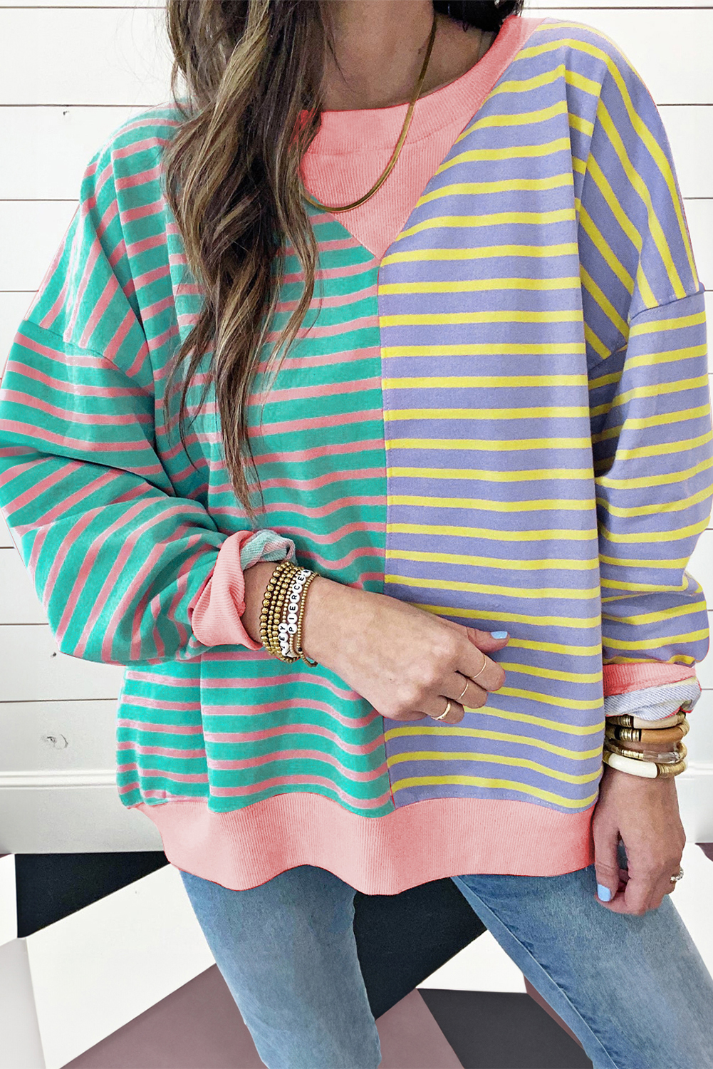 Chic Long Sleeve Sweatshirt - Sky Blue Stripe Colorblock - Detail View 2 Chic Long Sleeve Sweatshirt - Sky Blue Stripe Colorblock - Detail View 2