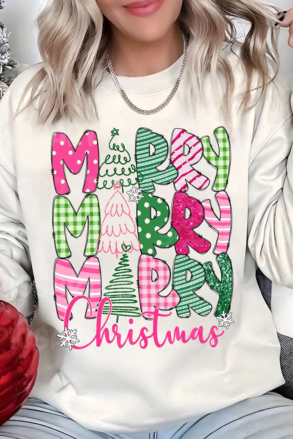 Cozy Casual Beige Sweatshirt with MERRY Christmas Graphic for Holiday Spirit - Detail View 2 Cozy Casual Beige Sweatshirt with MERRY Christmas Graphic for Holiday Spirit - Detail View 2