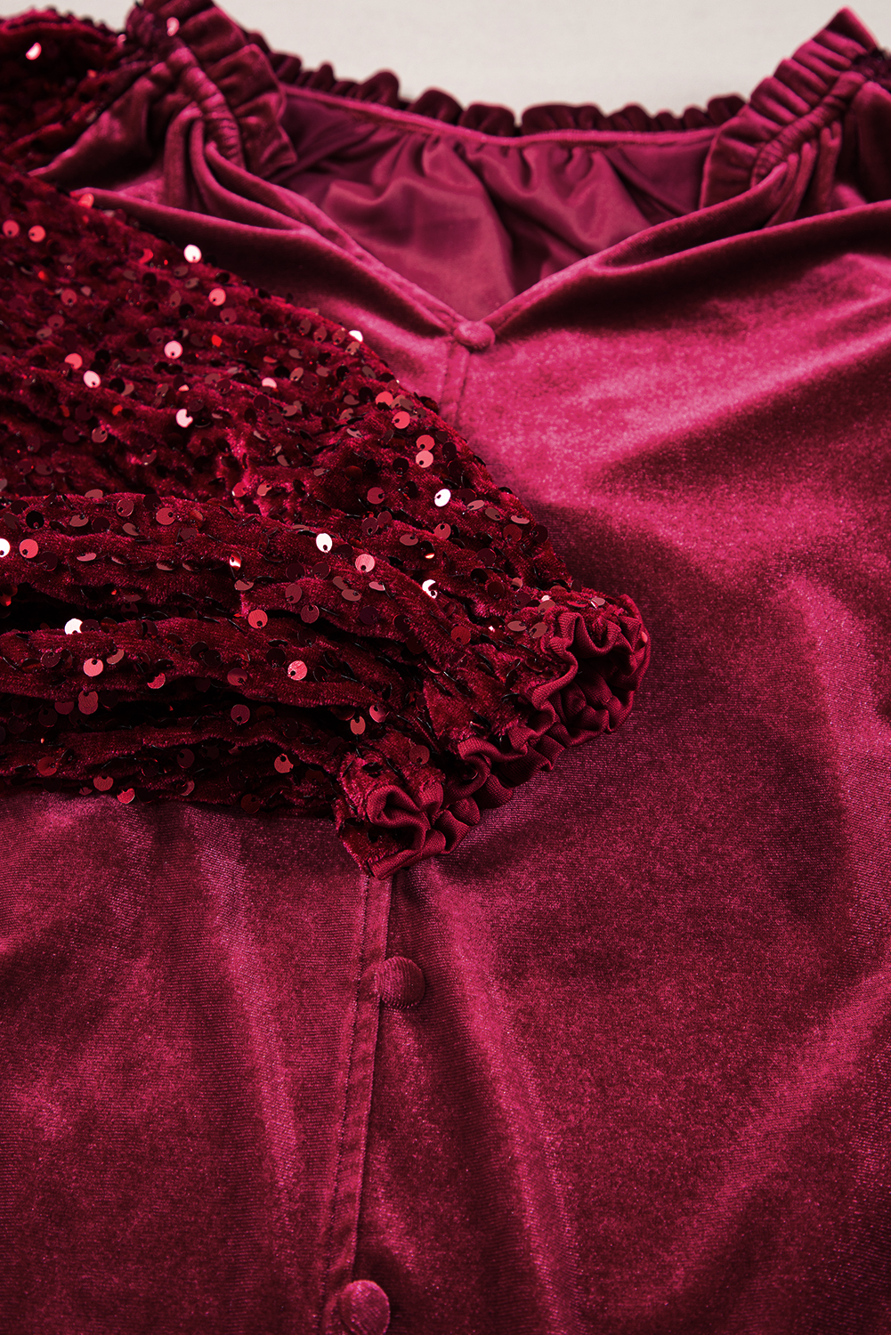 Women's Red Velvet Top with Sequin Patchwork Sleeves - Button Up Style - Detail View 13 Women's Red Velvet Top with Sequin Patchwork Sleeves - Button Up Style - Detail View 13