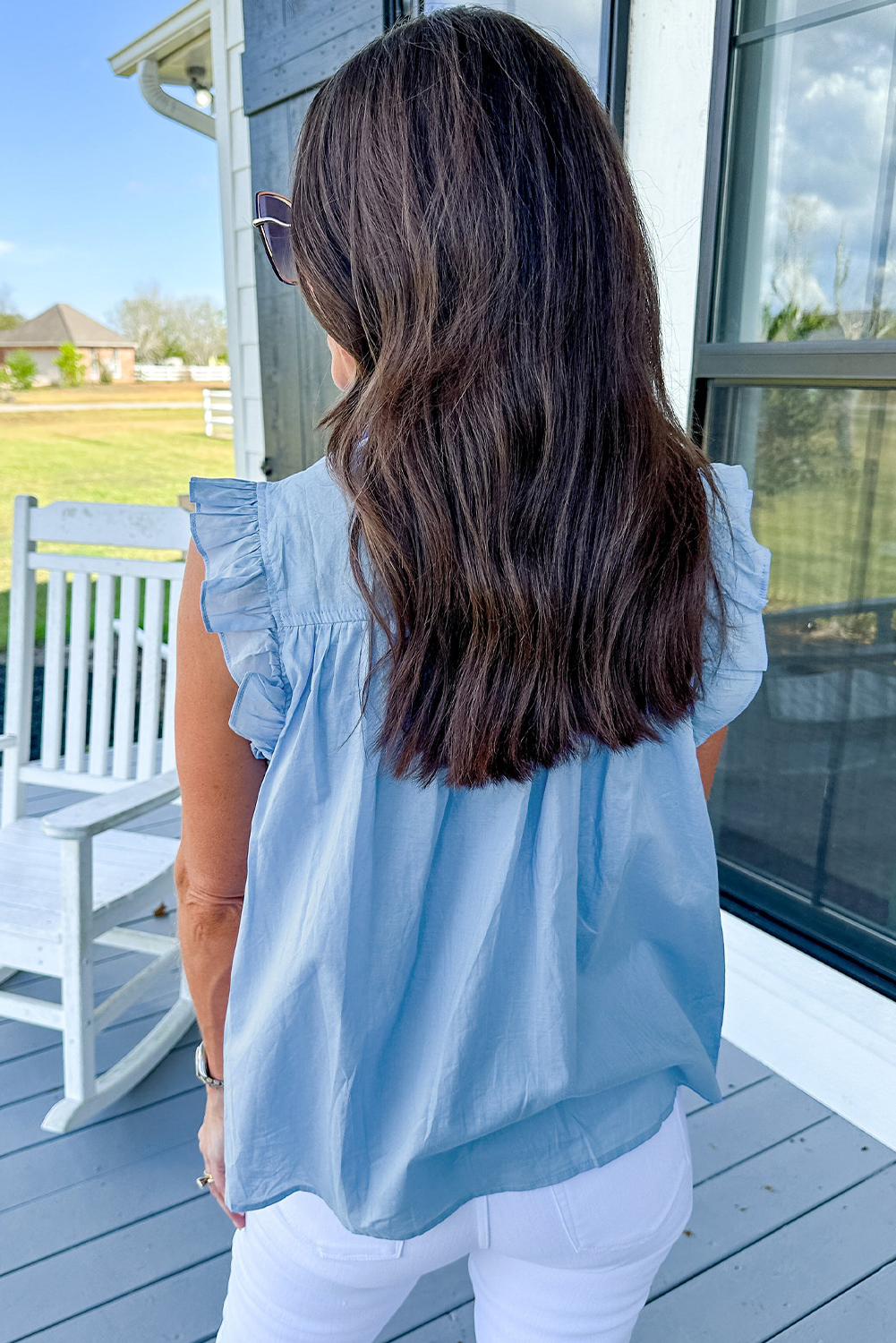 Timeless Fashion: Sky Blue Frilly Sleeveless Shirt with Classic Spread Collar - Detail View 3 Timeless Fashion: Sky Blue Frilly Sleeveless Shirt with Classic Spread Collar - Detail View 3