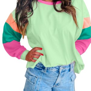 Women's Green Colorblock Patchwork Long Sleeve Loose Top - Main View