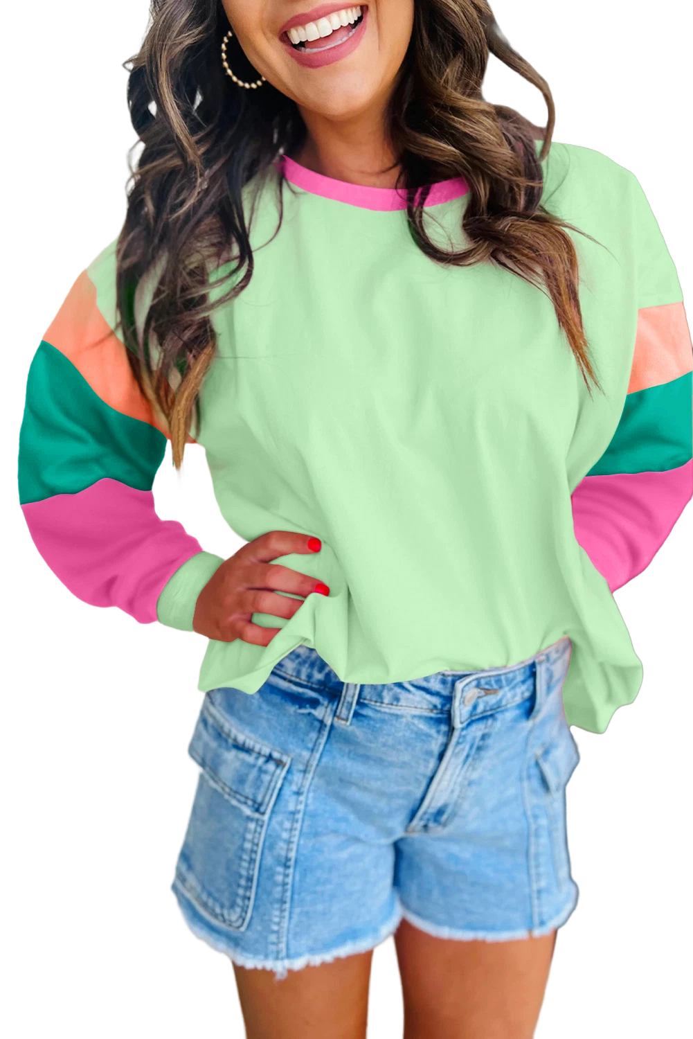 Women's Green Colorblock Patchwork Long Sleeve Loose Top - Main View Women's Green Colorblock Patchwork Long Sleeve Loose Top - Main View
