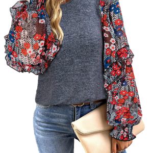 Women's Blue Ruffle Tiered Floral Sleeve Crew Neck Blouse - Main View