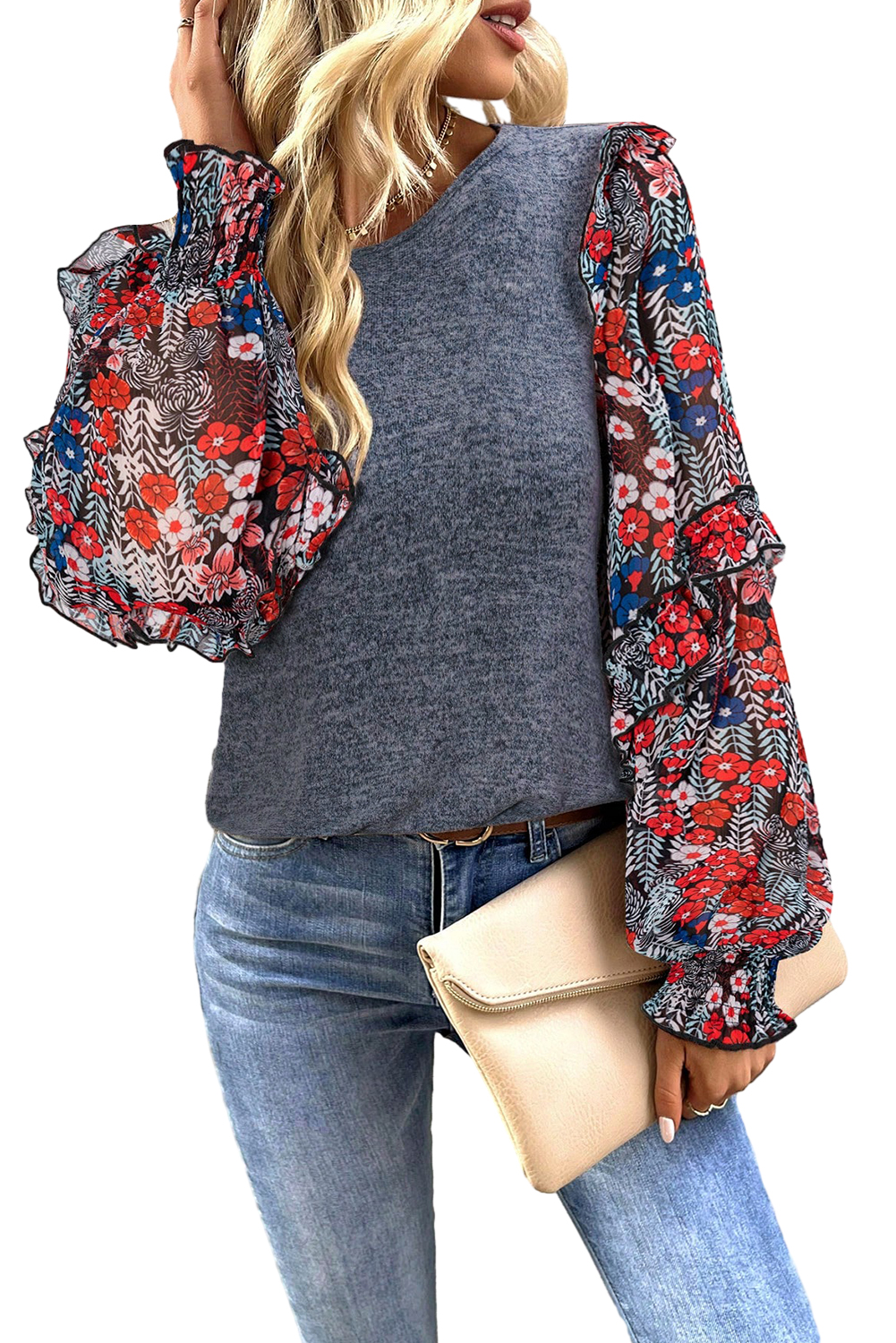 Women's Blue Ruffle Tiered Floral Sleeve Crew Neck Blouse - Main View Women's Blue Ruffle Tiered Floral Sleeve Crew Neck Blouse - Main View