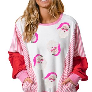 Women's Rose Red Santa Claus Striped Block Patchwork Round Neck Sweatshirt for Casual Comfort - Main View