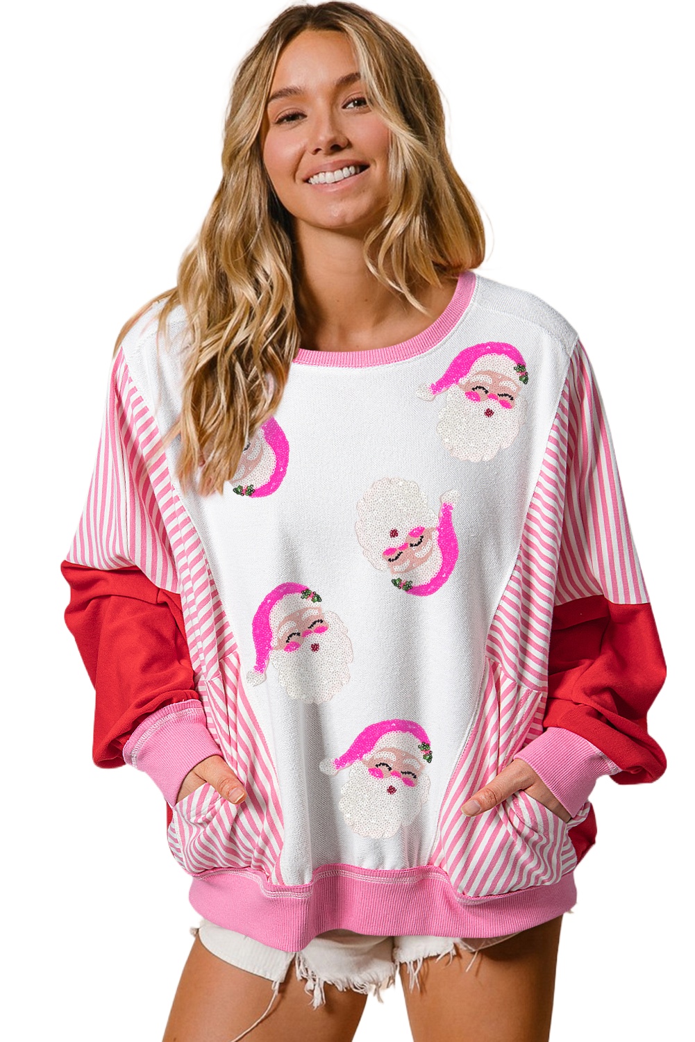 Women's Rose Red Santa Claus Striped Block Patchwork Round Neck Sweatshirt for Casual Comfort - Main View Women's Rose Red Santa Claus Striped Block Patchwork Round Neck Sweatshirt for Casual Comfort - Main View