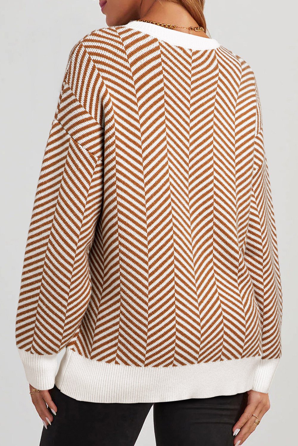 Women's Sweater, Coffee Sweater, Contrast Edge, Crew Neck, Drop Shoulder, Casual Style, Long Sleeve, Cozy, Colorblock, Striped Print, Daily Wear, Winter Fashion, Comfortable Fit, Geometric Pattern, Stylish Layering - Detail View 8 Women's Sweater, Coffee Sweater, Contrast Edge, Crew Neck, Drop Shoulder, Casual Style, Long Sleeve, Cozy, Colorblock, Striped Print, Daily Wear, Winter Fashion, Comfortable Fit, Geometric Pattern, Stylish Layering - Detail View 8
