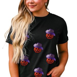 Women's Black Sequin Hat Pumpkin Graphic Crew Neck T-Shirt - Main View