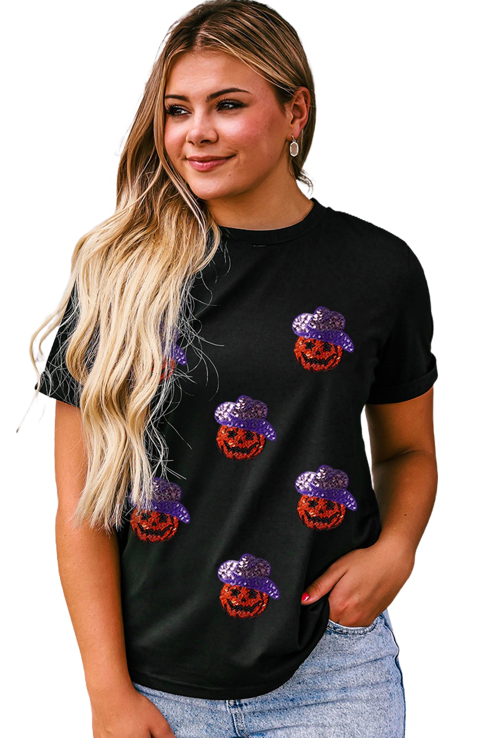 Women's Black Sequin Hat Pumpkin Graphic Crew Neck T-Shirt - Main View Women's Black Sequin Hat Pumpkin Graphic Crew Neck T-Shirt - Main View