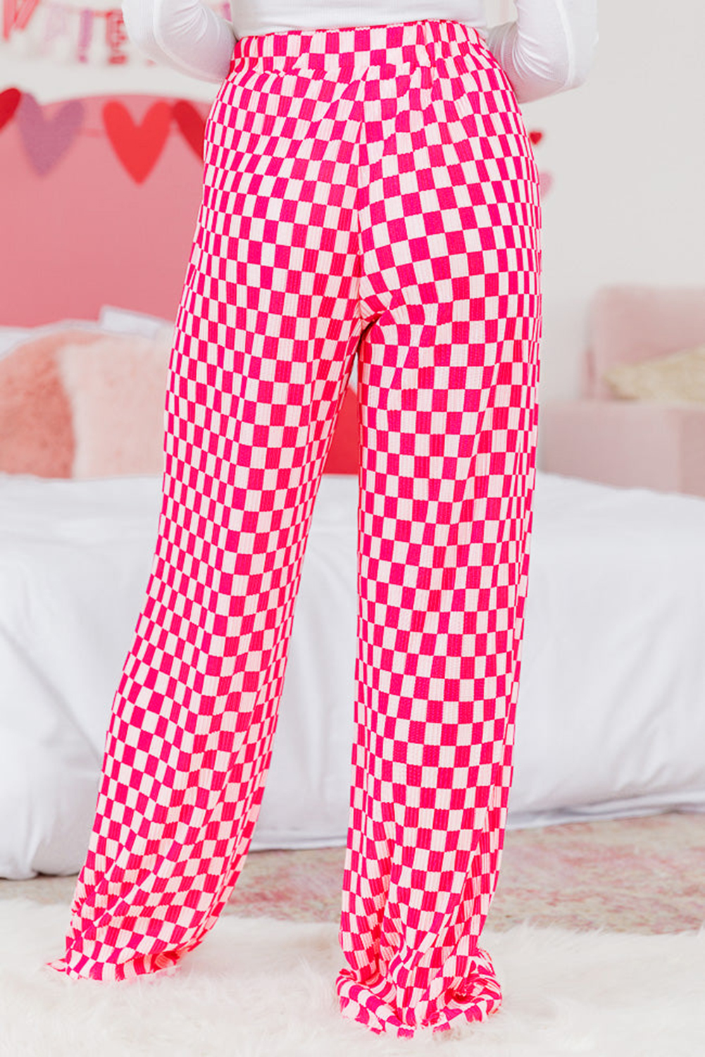 Pink Checkered Shirred High Waist Pajama Set for Women - Detail View 6 Pink Checkered Shirred High Waist Pajama Set for Women - Detail View 6