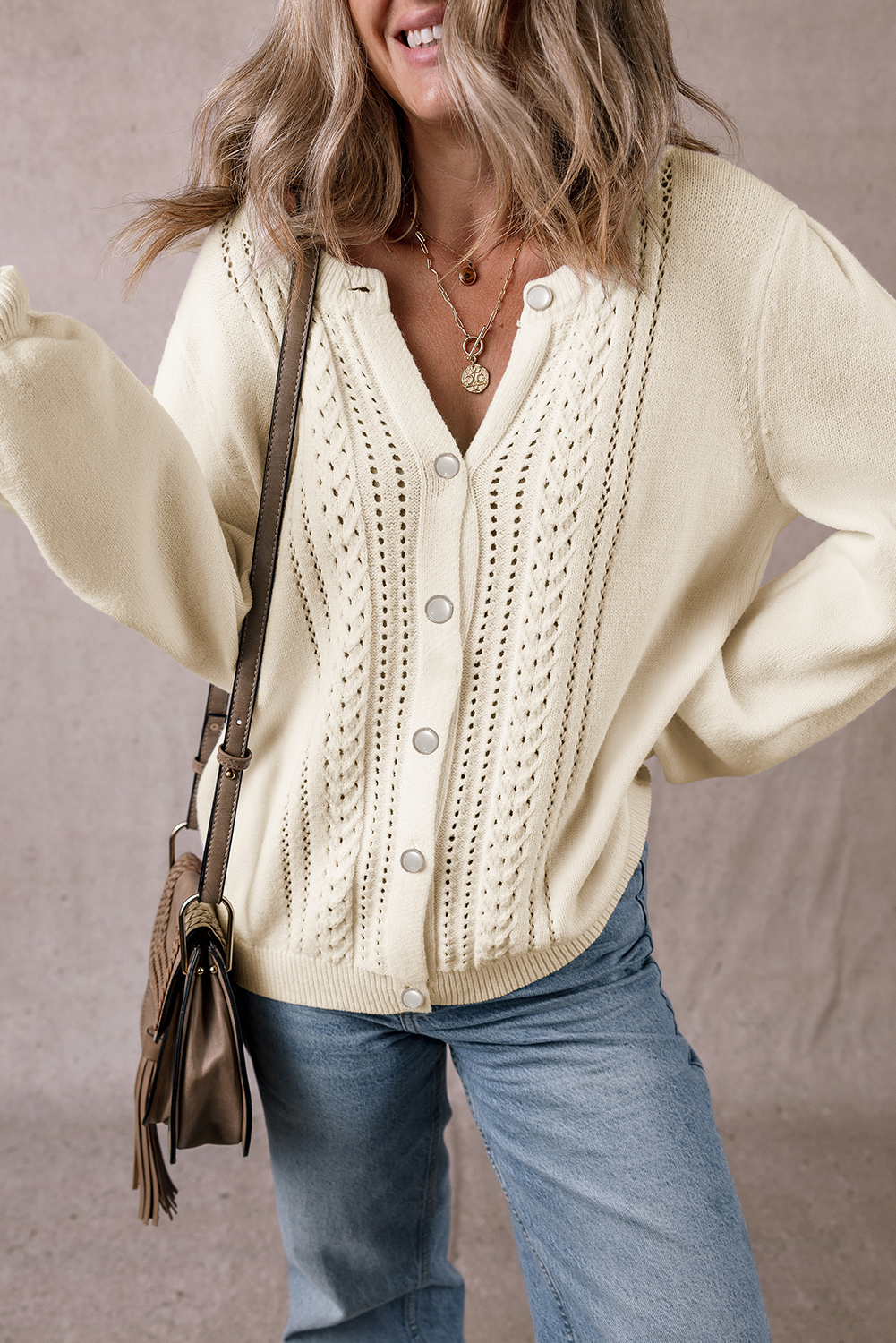 Elegant Long Sleeve Cardigan with Pleated Sleeves and Eyelet Details - Apricot - Detail View 2 Elegant Long Sleeve Cardigan with Pleated Sleeves and Eyelet Details - Apricot - Detail View 2