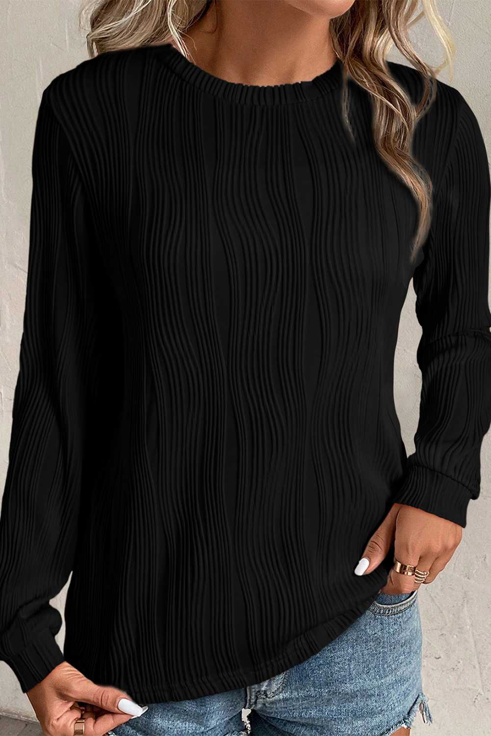 Versatile and Timeless Black Long Sleeve Top - Round Neck - Detail View 3 Versatile and Timeless Black Long Sleeve Top - Round Neck - Detail View 3
