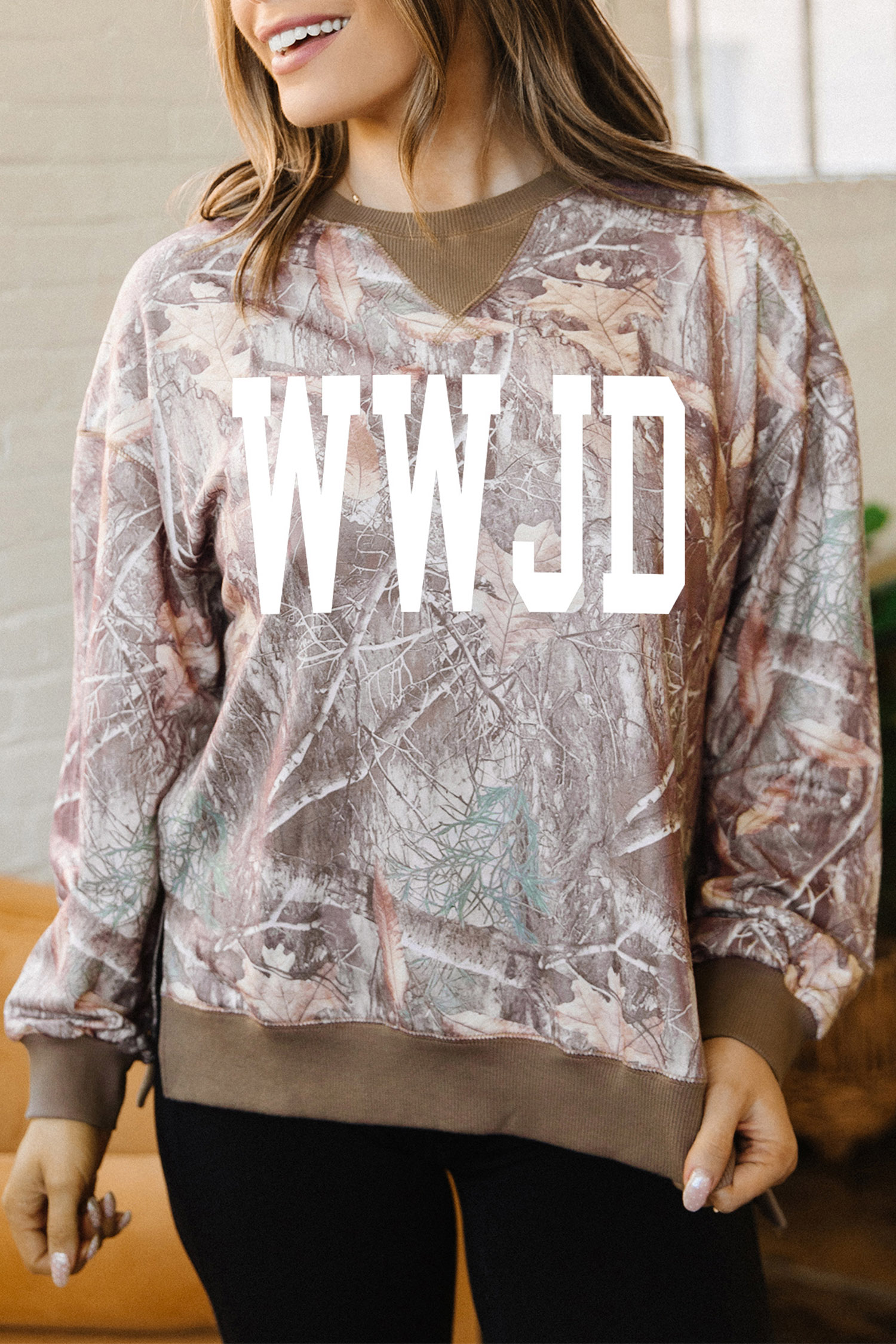 Graphic WWJD Camo Sweatshirt, Women's Relaxed Autumn Pullover - Detail View 5 Graphic WWJD Camo Sweatshirt, Women's Relaxed Autumn Pullover - Detail View 5