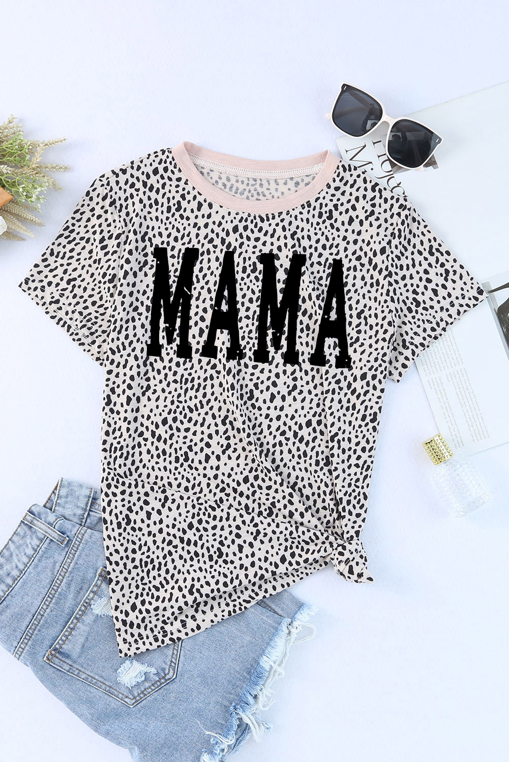 Women's Apricot Leopard MAMA Graphic Crew Neck T-Shirt - Detail View 6 Women's Apricot Leopard MAMA Graphic Crew Neck T-Shirt - Detail View 6
