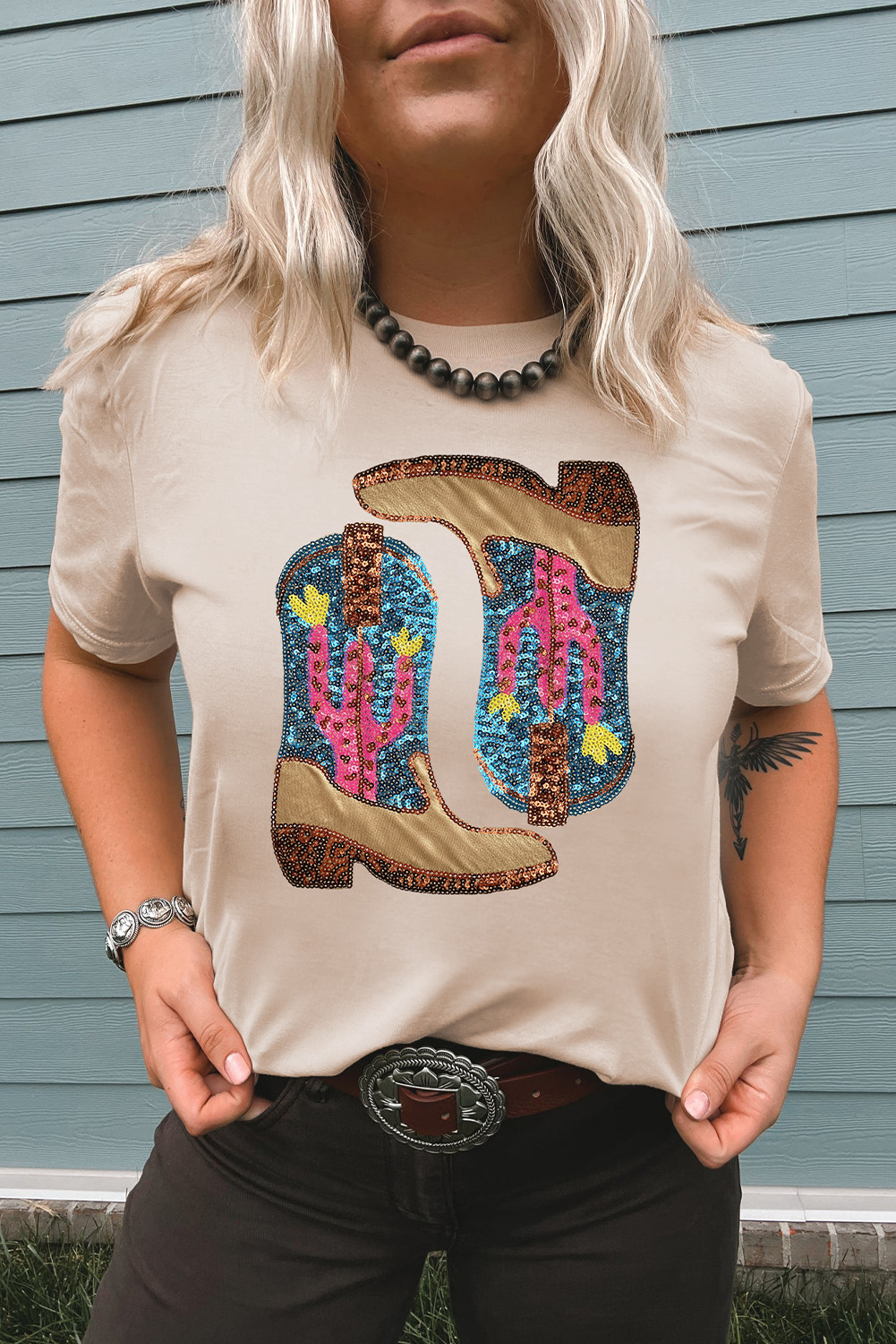 Casual Khaki Graphic T-Shirt, Western Sequin Boot Design - Detail View 2 Casual Khaki Graphic T-Shirt, Western Sequin Boot Design - Detail View 2