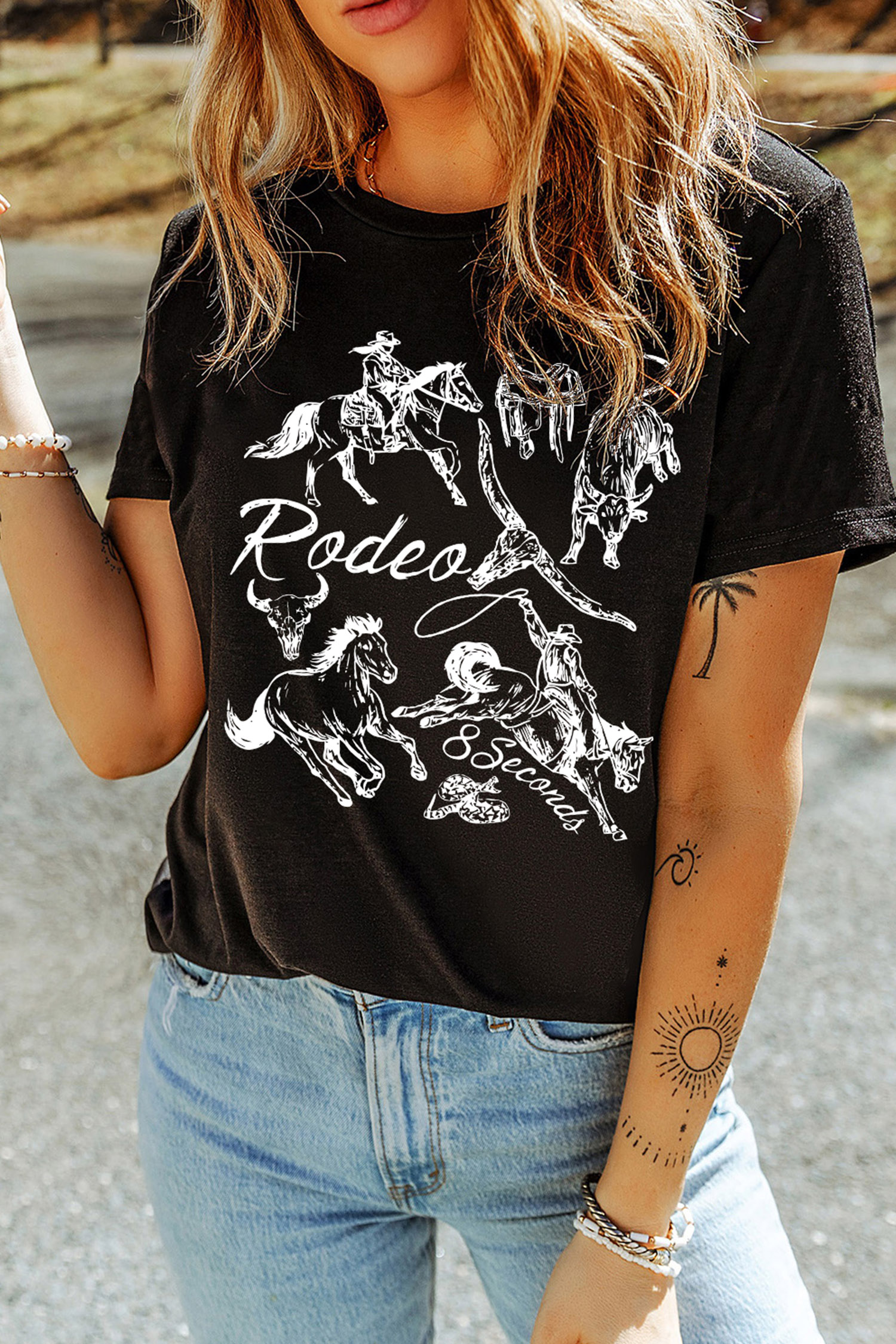 Women's Black Rodeo Tee, Soft Stretch Round Neck Shirt - Detail View 6 Women's Black Rodeo Tee, Soft Stretch Round Neck Shirt - Detail View 6