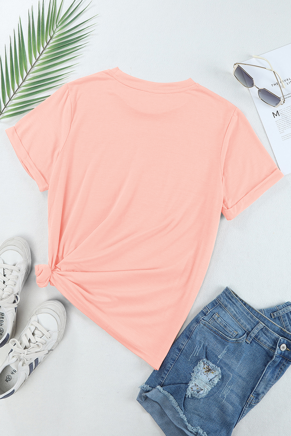 Women's Pink Crew Neck Tee, Casual Short Sleeve Summer Top - Detail View 7 Women's Pink Crew Neck Tee, Casual Short Sleeve Summer Top - Detail View 7